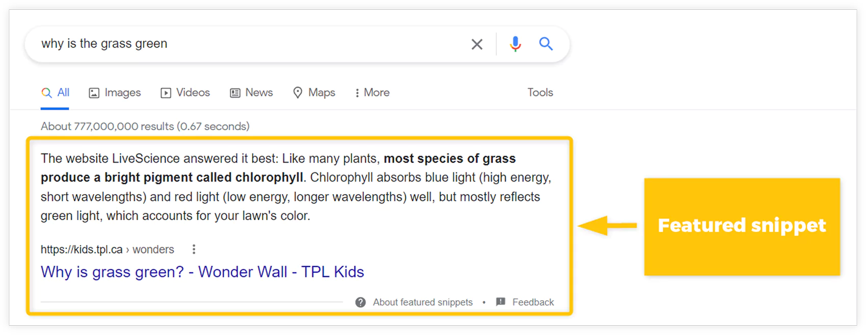 Featured snippet example on Google search results