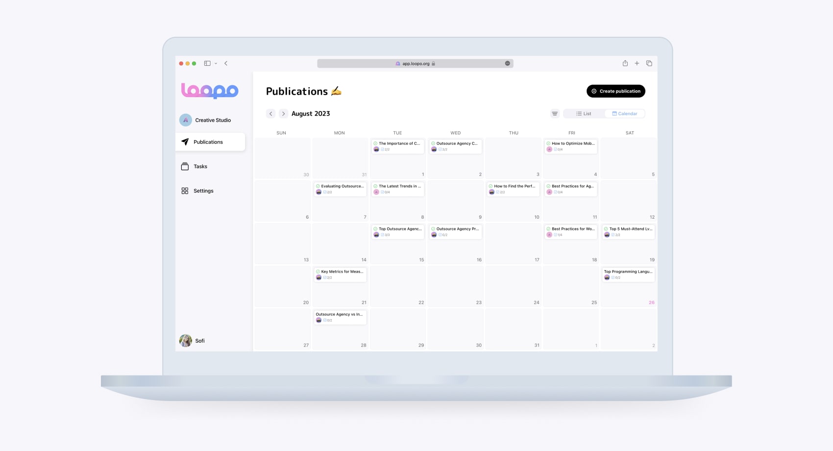 Planning calendar available in Loopo